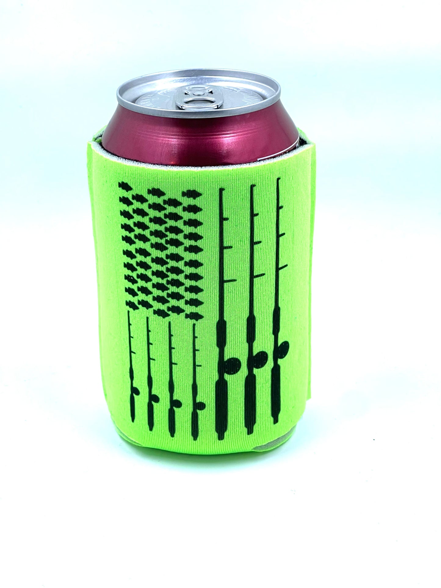 GREEN Fish/Rod Flag Koozie